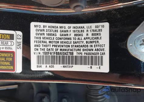 2010 Honda Civic Ex z USA, uszkodzony, nr VIN 19XFA1F88AE042788